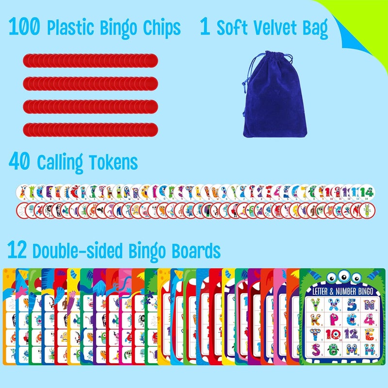 SpriteGru Monster Theme Bingo Game, Uppercase Letters & Numbers Learning, Alphabet ABC and 123 Bingo Board Game for Kids, Preschoolers, Perfect for Classroom & at Home (Up to 12 Players) - Image 2